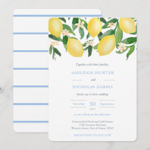 Watercolor Lemons Powder Blue Accents Wedding Invitation