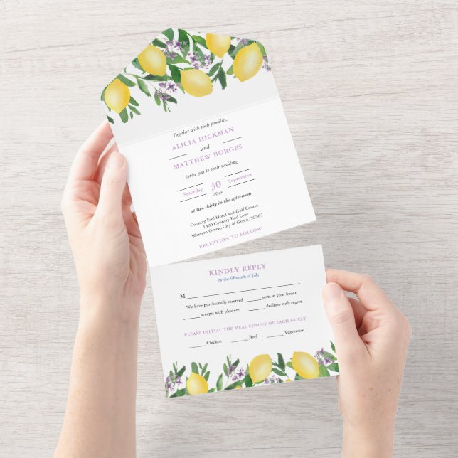 Watercolor Lemons Purple Citrus Wedding All In One Invitation (Tearaway)