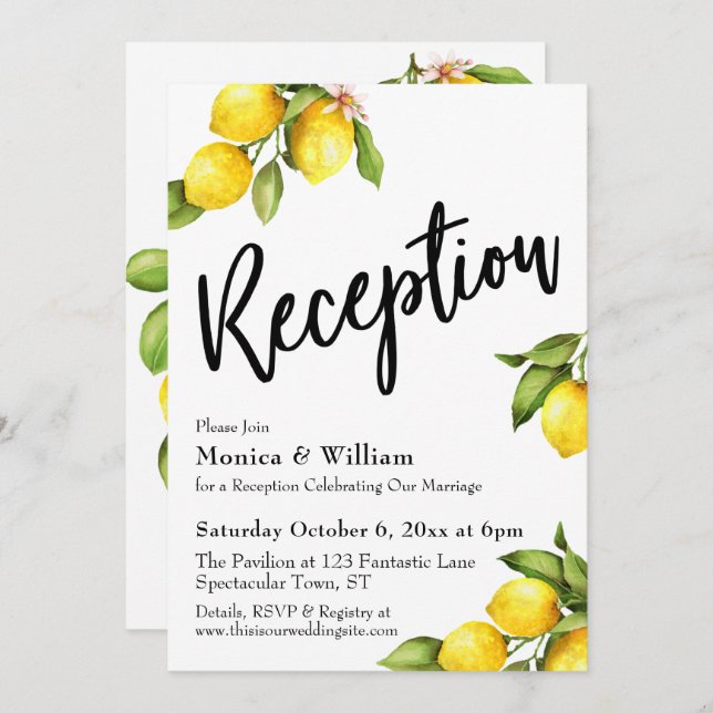 Watercolor Lemons Reception Typography Invitation (Front/Back)