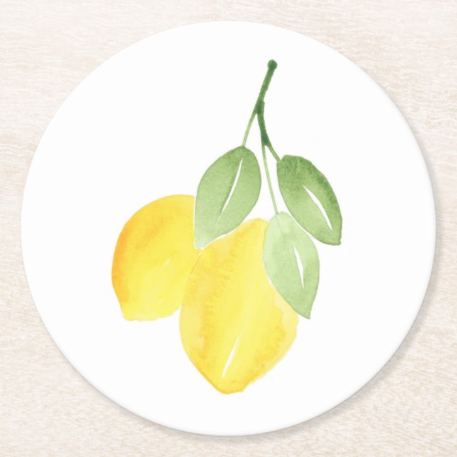Watercolor Lemons Round Paper Coaster (Front)