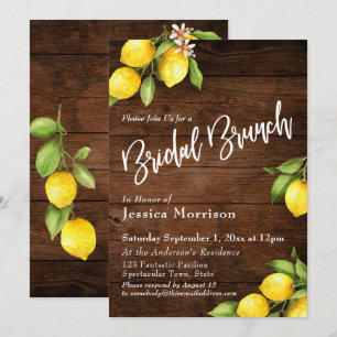 Watercolor Lemons Rustic Barn Wood Bridal Brunch Invitation