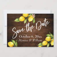 Watercolor Lemons Rustic Wood Save the Date Script