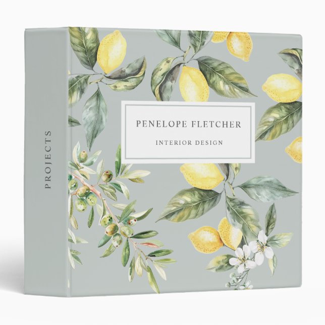 Watercolor Lemons Sage Green Elegant   Binder (Front/Spine)