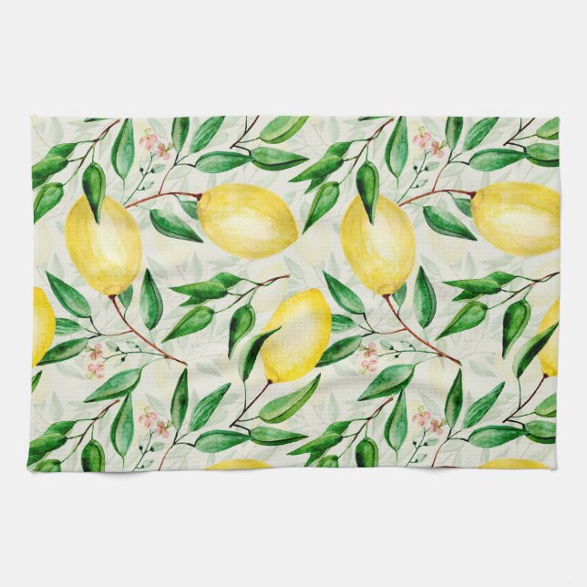 Watercolor lemons, seamless fruit pattern. kitchen towel (Horizontal)