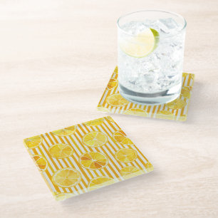 Watercolor Lemons & Stripes Glass Coaster