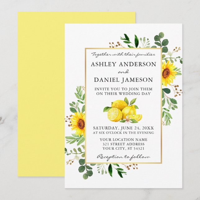 Watercolor Lemons Sunflowers Greenery Wedding Invitation (Front/Back)