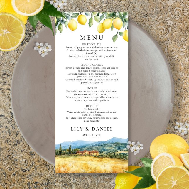 Watercolor Lemons Tuscany Italy Wedding Menu (Watercolor Lemons Tuscany Italy Wedding Menu)