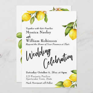 Watercolor Lemons Wedding Celebration Typography Invitation
