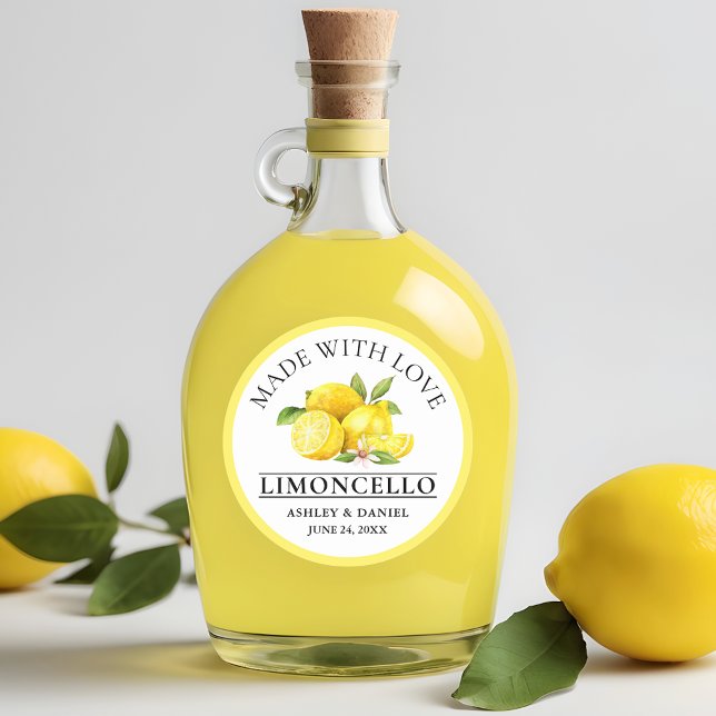 Watercolor Lemons Wedding Love Limoncello Yellow Classic Round Sticker (Customize to change text size, color or text style.)