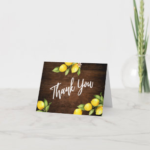 Watercolor Lemons Wedding Thank You on Rustic Wood Card