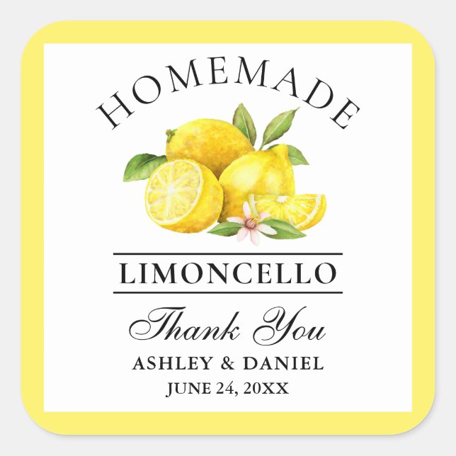 Watercolor Lemons Wedding Thanks Limoncello Square Sticker (Front)