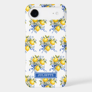 Watercolor Lemons With Blue Flowers Monogrammed