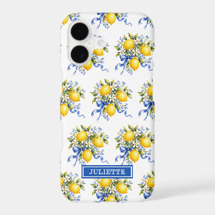 Watercolor Lemons With Blue Flowers Monogrammed