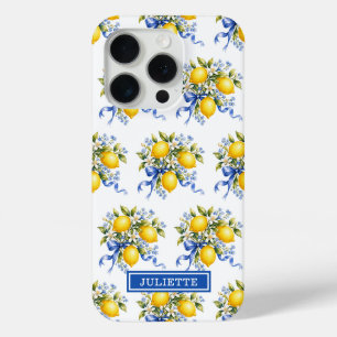 Watercolor Lemons With Blue Flowers Monogrammed iPhone 15 Pro Case