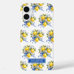 Watercolor Lemons With Blue Flowers Monogrammed iPhone 16 Plus Case