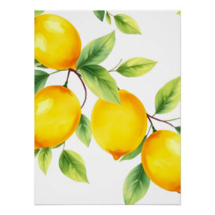 Watercolor Lemons with Green Leaves Poster
