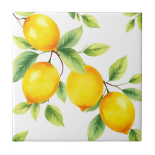 Watercolor Lemons with Green Leaves Tile