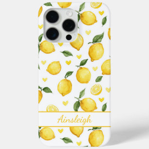 Watercolor Lemons With Hearts Monogrammed iPhone 15 Pro Max Case