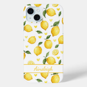 Watercolor Lemons With Hearts Monogrammed iPhone 15 Mini Case