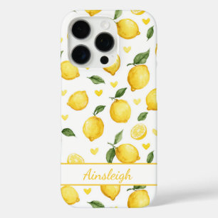 Watercolor Lemons With Hearts Monogrammed iPhone 16 Pro Case