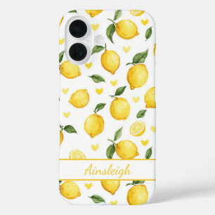 Watercolor Lemons With Hearts Monogrammed iPhone 16 Case