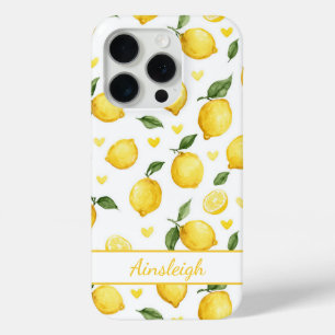 Watercolor Lemons With Hearts Monogrammed iPhone 15 Pro Case