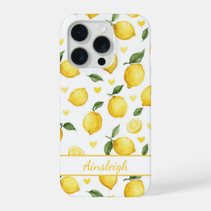 Watercolor Lemons With Hearts Monogrammed iPhone 15 Pro Case