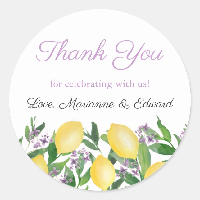 Watercolor Lemons With Lavender Wedding Shower Classic Round Sticker (Front)