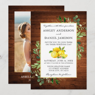 Watercolor Lemons Wood Photo Wedding Invitation