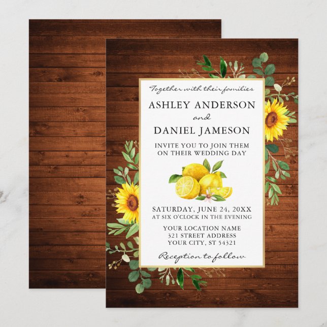 Watercolor Lemons Wood Sunflowers Wedding Invitation (Front/Back)