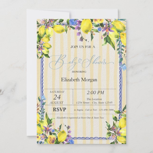 Watercolor Lemons Yellow Stripes Baby Shower Invitation (Front)