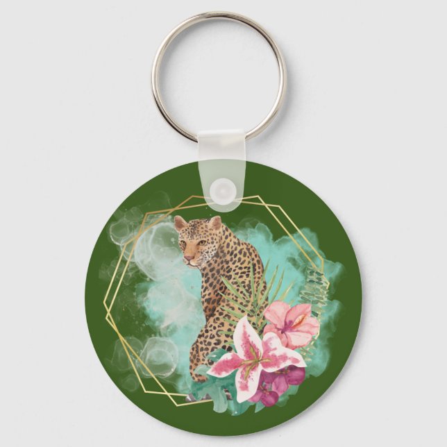 Watercolor Leopard and Tropical Frame Keychain (Front)