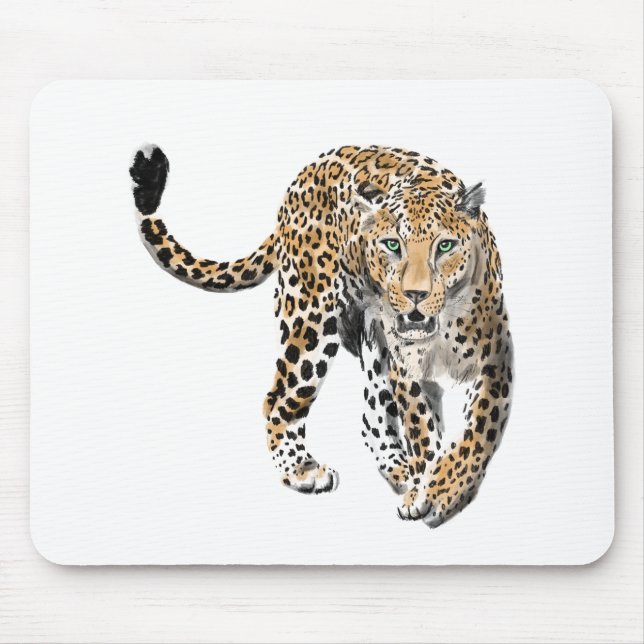 watercolor leopard jungle cat painted animal green mouse pad (Front)