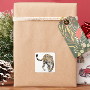watercolor leopard jungle cat painted animal green square sticker