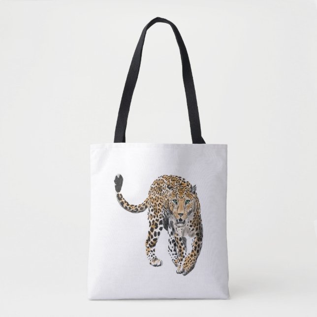 watercolor leopard jungle cat painted animal green tote bag (Front)