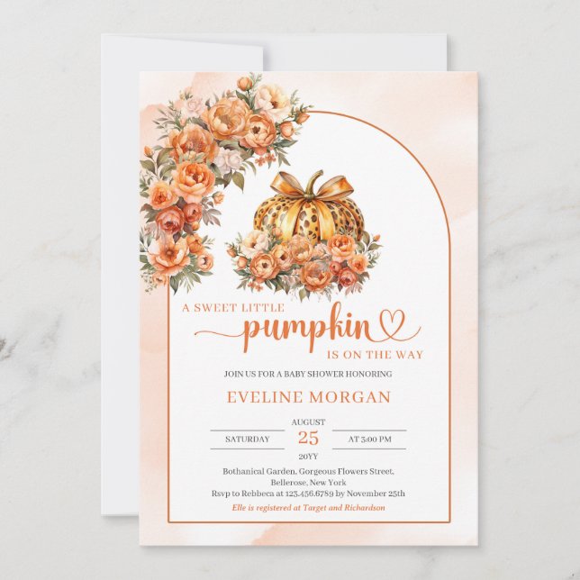Watercolor leopard pumpkin with copper bow arch invitation (Front)