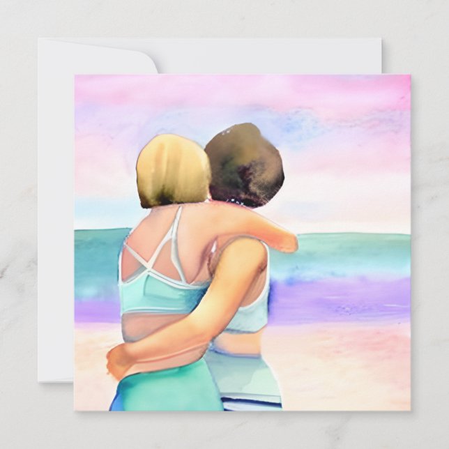 Watercolor Lesbian Couple on Beach Wedding Invitation (Front)