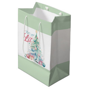 Watercolor Let’s Get Lit Christmas Tree Medium Gift Bag