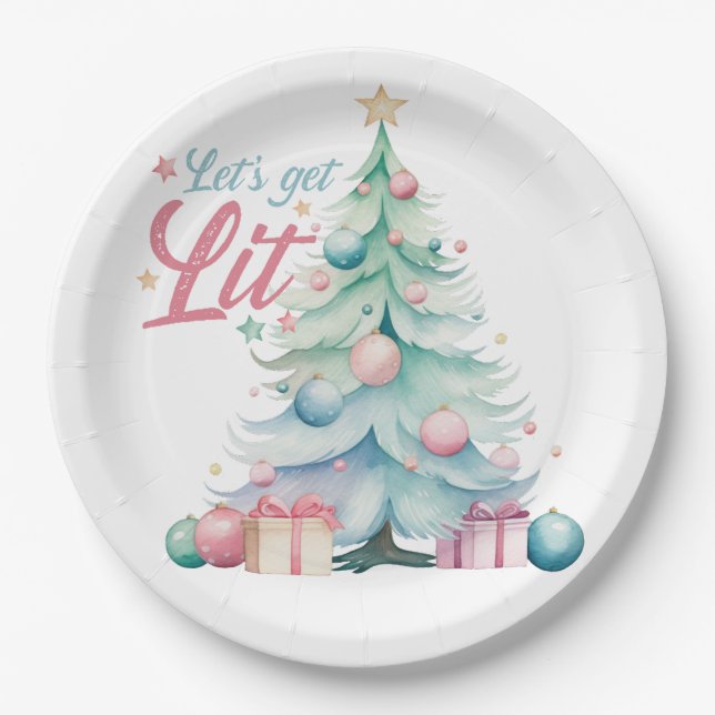 Watercolor Let’s Get Lit Christmas Tree Paper Plate (Front)