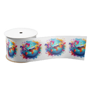 Watercolor Let's travel the world design  Satin Ribbon
