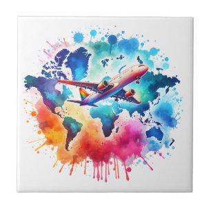 Watercolor Let's travel the world design  Tile
