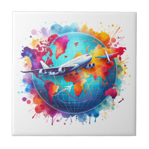 Watercolor Let's travel the world design  Tile