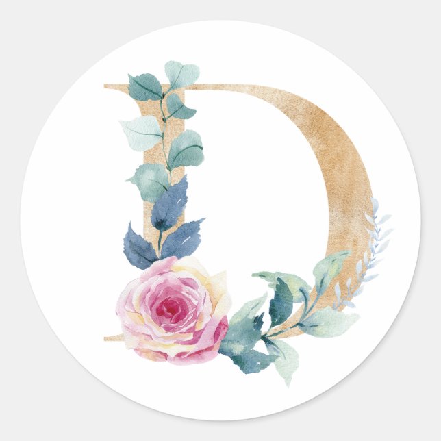Watercolor letter D with roses  Classic Round Sticker (Front)