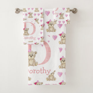 Watercolor letter D with teddy bear for baby girl. Bath Towel Set