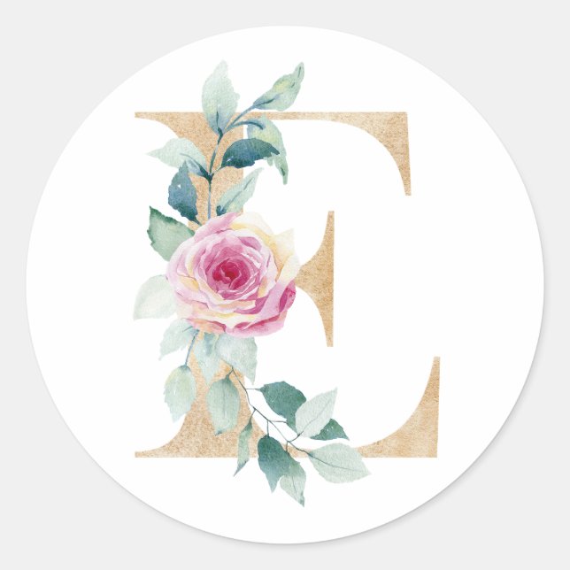 Watercolor letter E with roses Classic Round Sticker (Front)