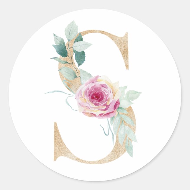 Watercolor letter S with roses Classic Round Sticker (Front)