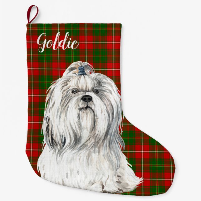Watercolor Lhasa Apso Dog Personalized Large Christmas Stocking (Front)