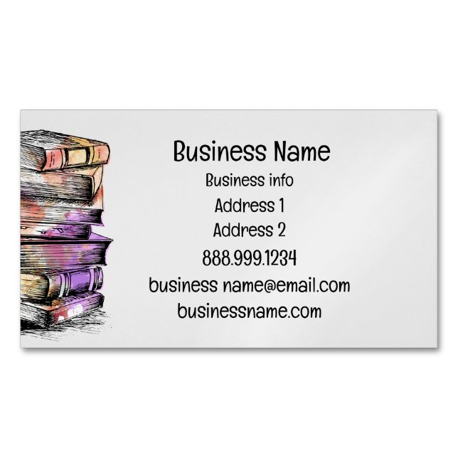 Watercolor Library Old Books Writer Magnetic Business Card (Front)