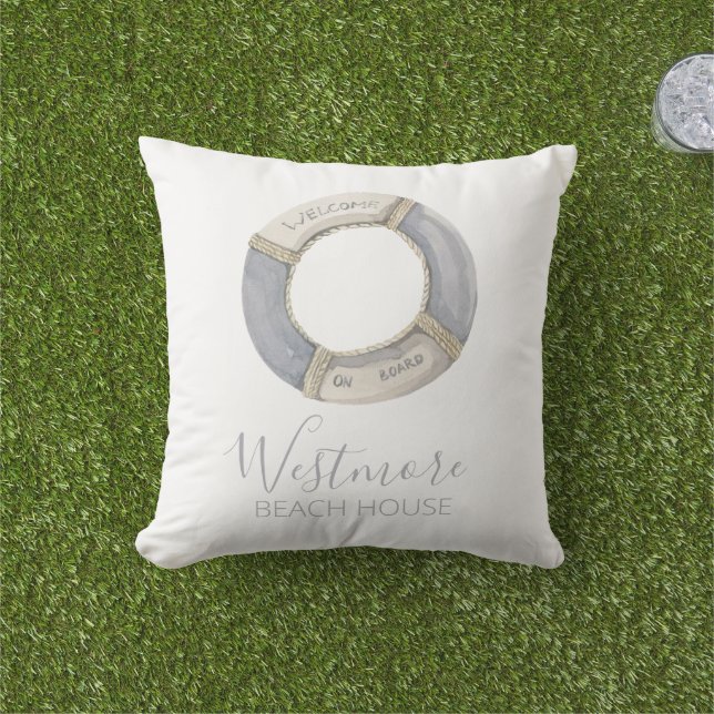 Watercolor Life Preserver Beach House Outdoor Pillow (Grass)