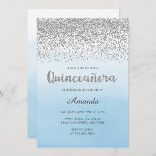 Watercolor Light Blue and Silver Glam Quinceañera Invitation